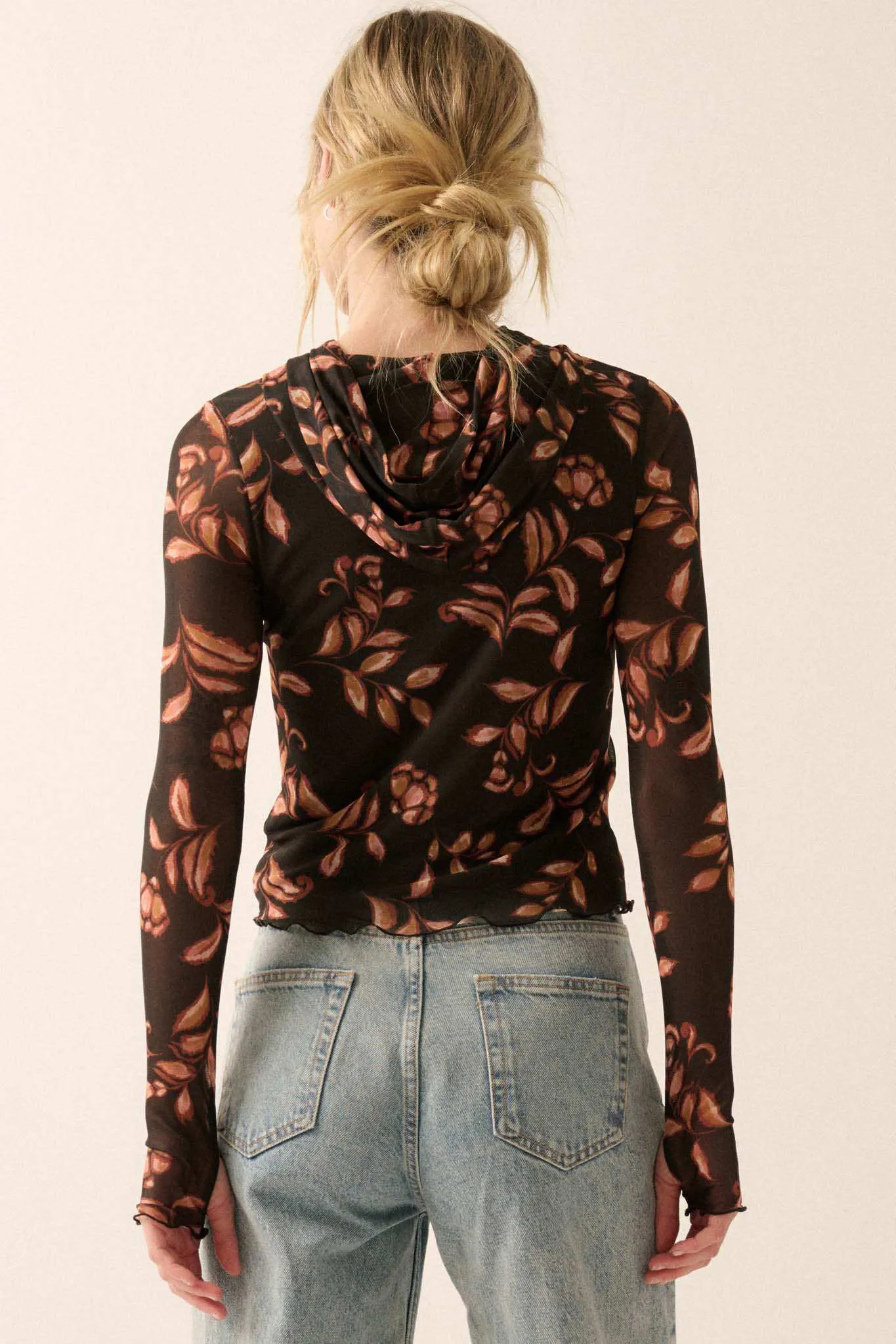 Fantastic Fall Floral Mesh Hooded Thumbhole Top