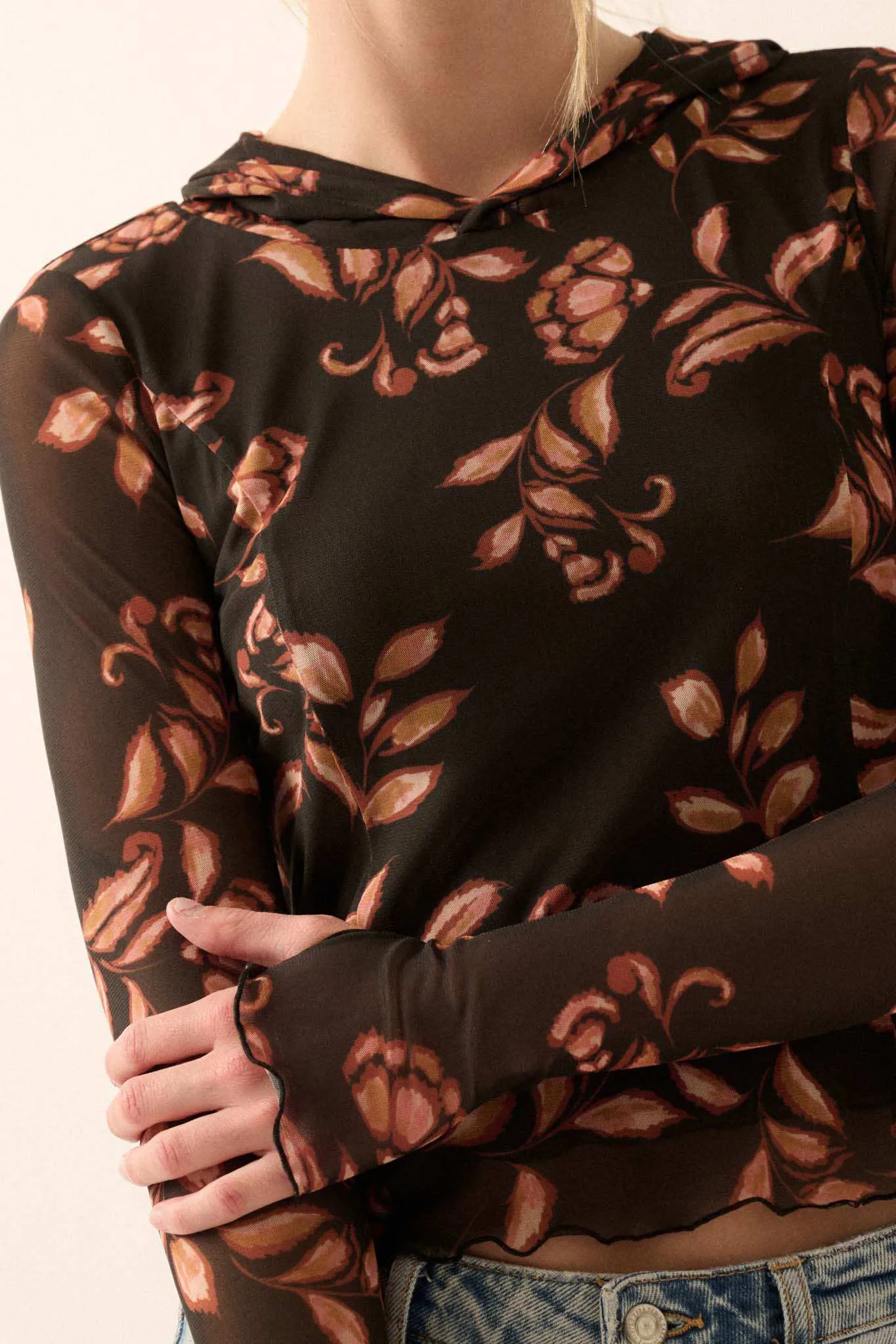 Fantastic Fall Floral Mesh Hooded Thumbhole Top