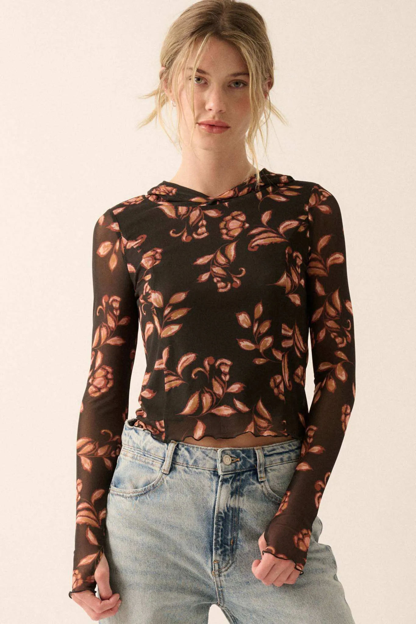 Fantastic Fall Floral Mesh Hooded Thumbhole Top