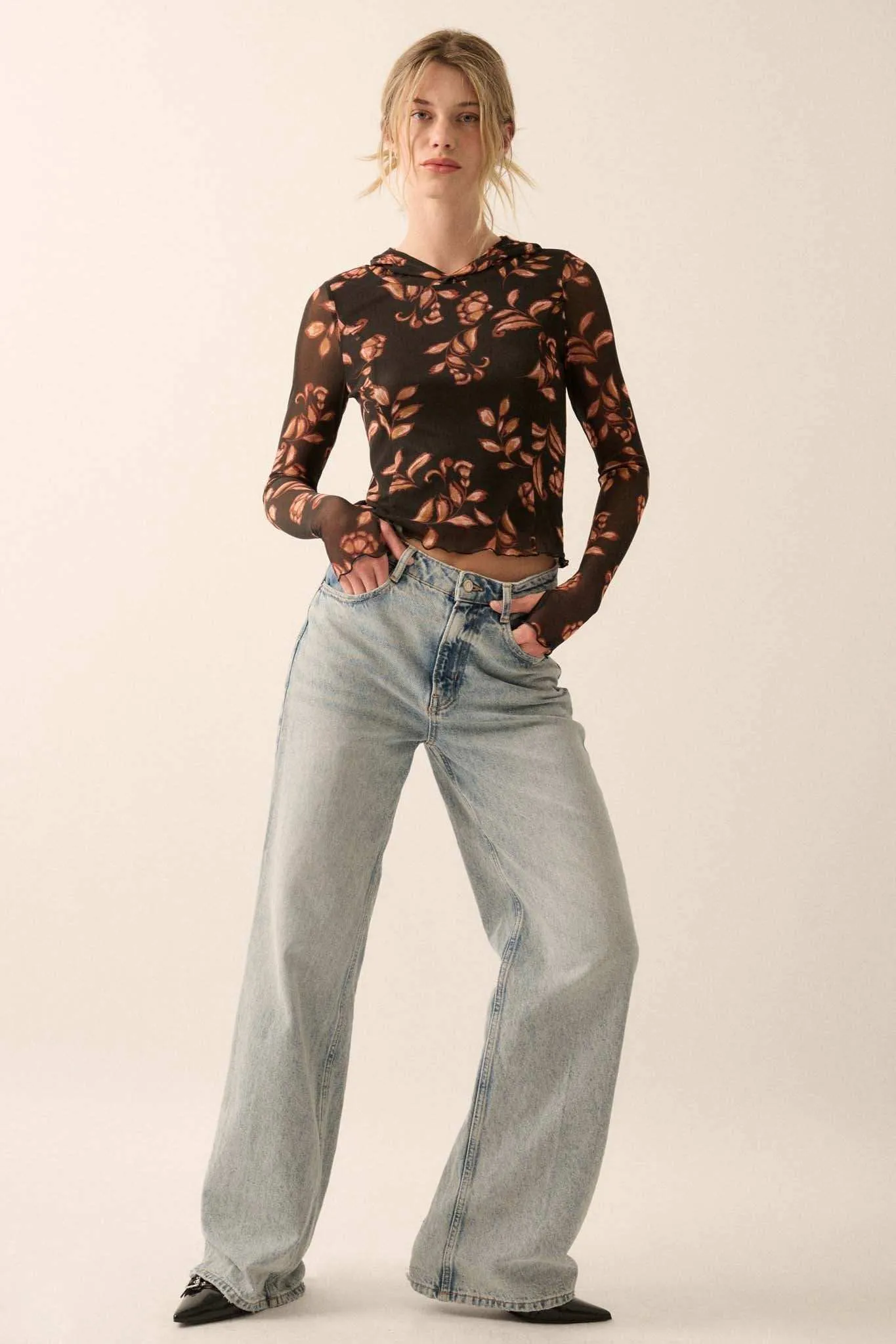 Fantastic Fall Floral Mesh Hooded Thumbhole Top