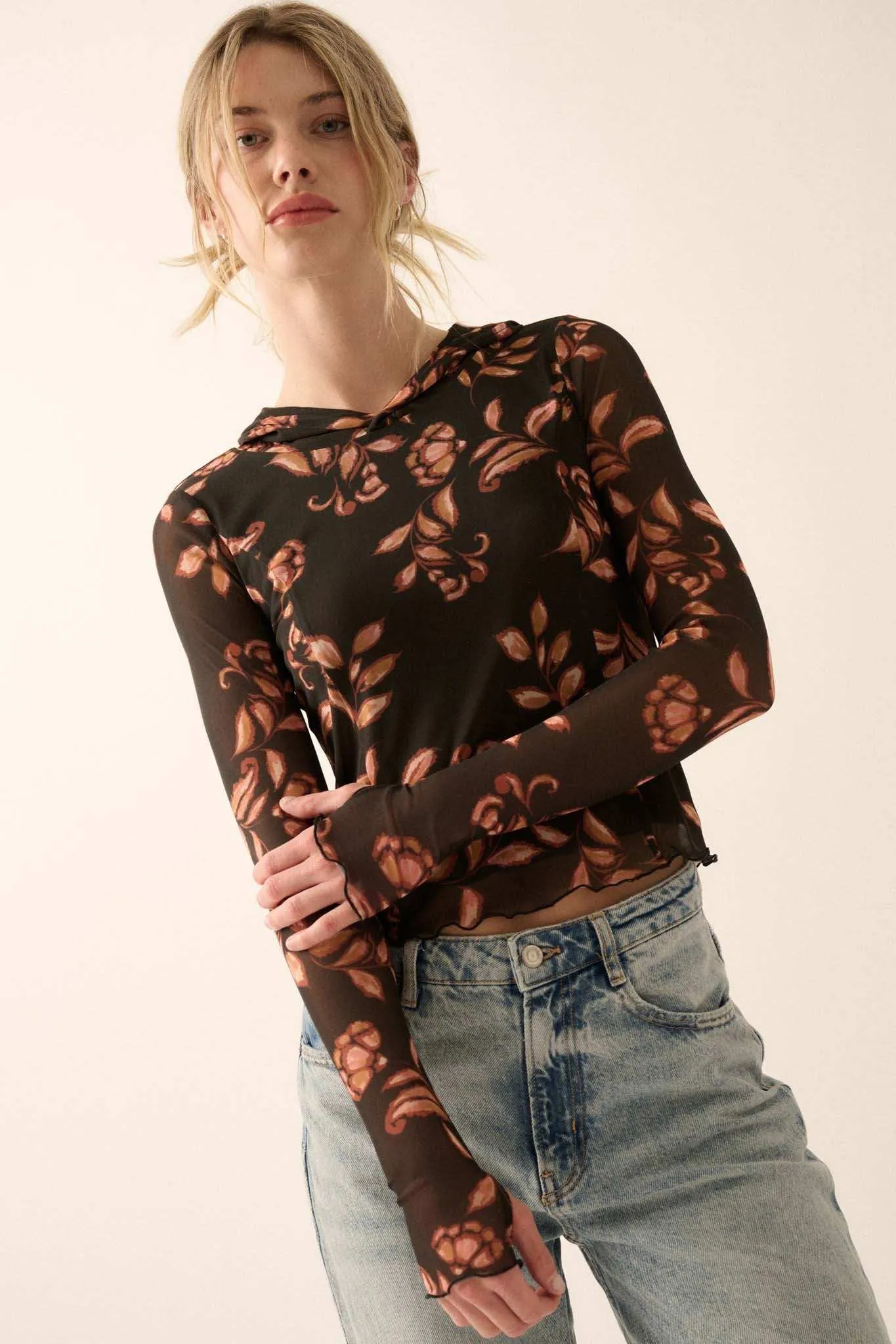 Fantastic Fall Floral Mesh Hooded Thumbhole Top