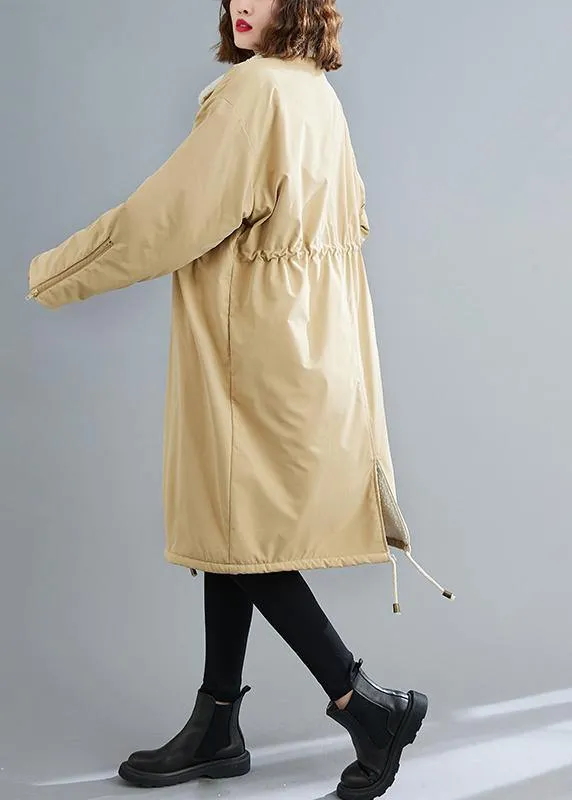 Fashion Loose fitting mid-length coats khaki Square Collar drawstring Woolen Coats