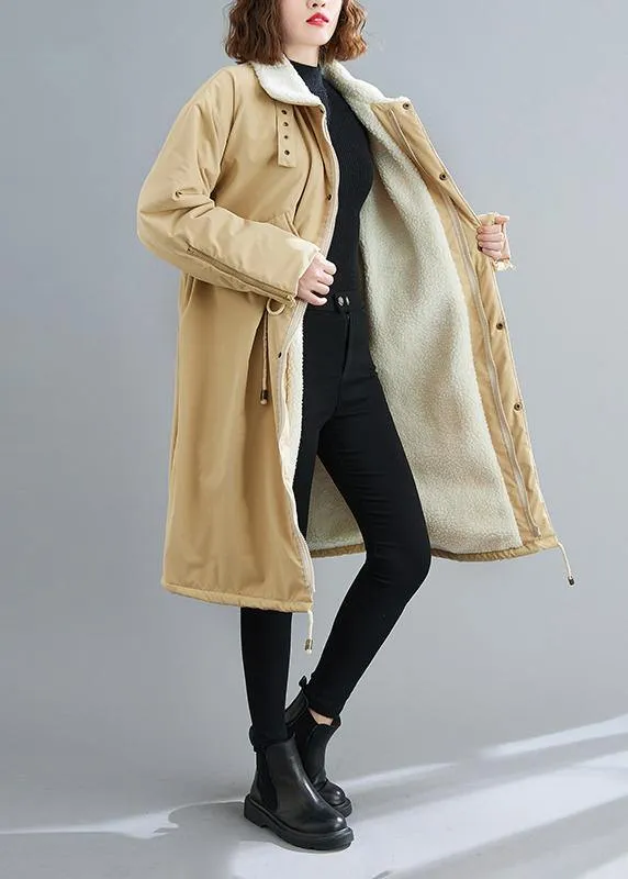Fashion Loose fitting mid-length coats khaki Square Collar drawstring Woolen Coats