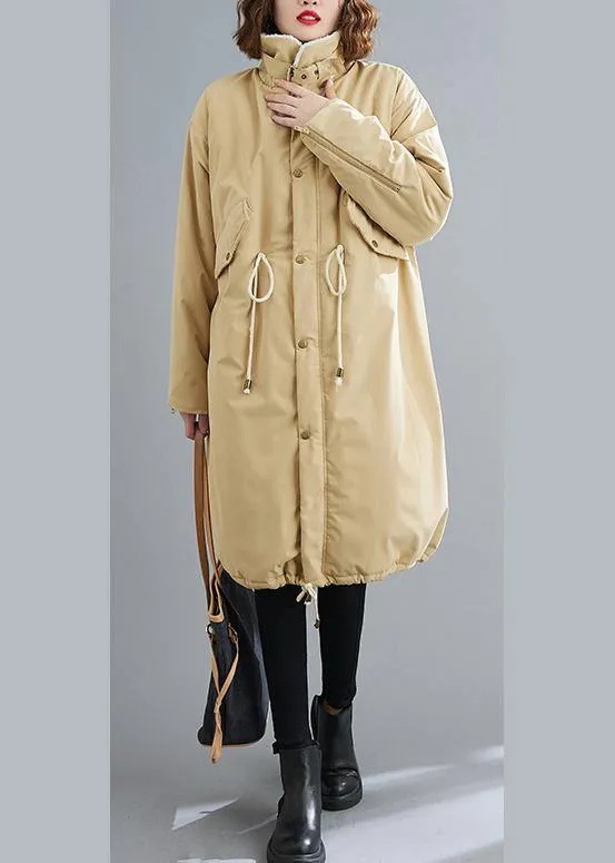 Fashion Loose fitting mid-length coats khaki Square Collar drawstring Woolen Coats