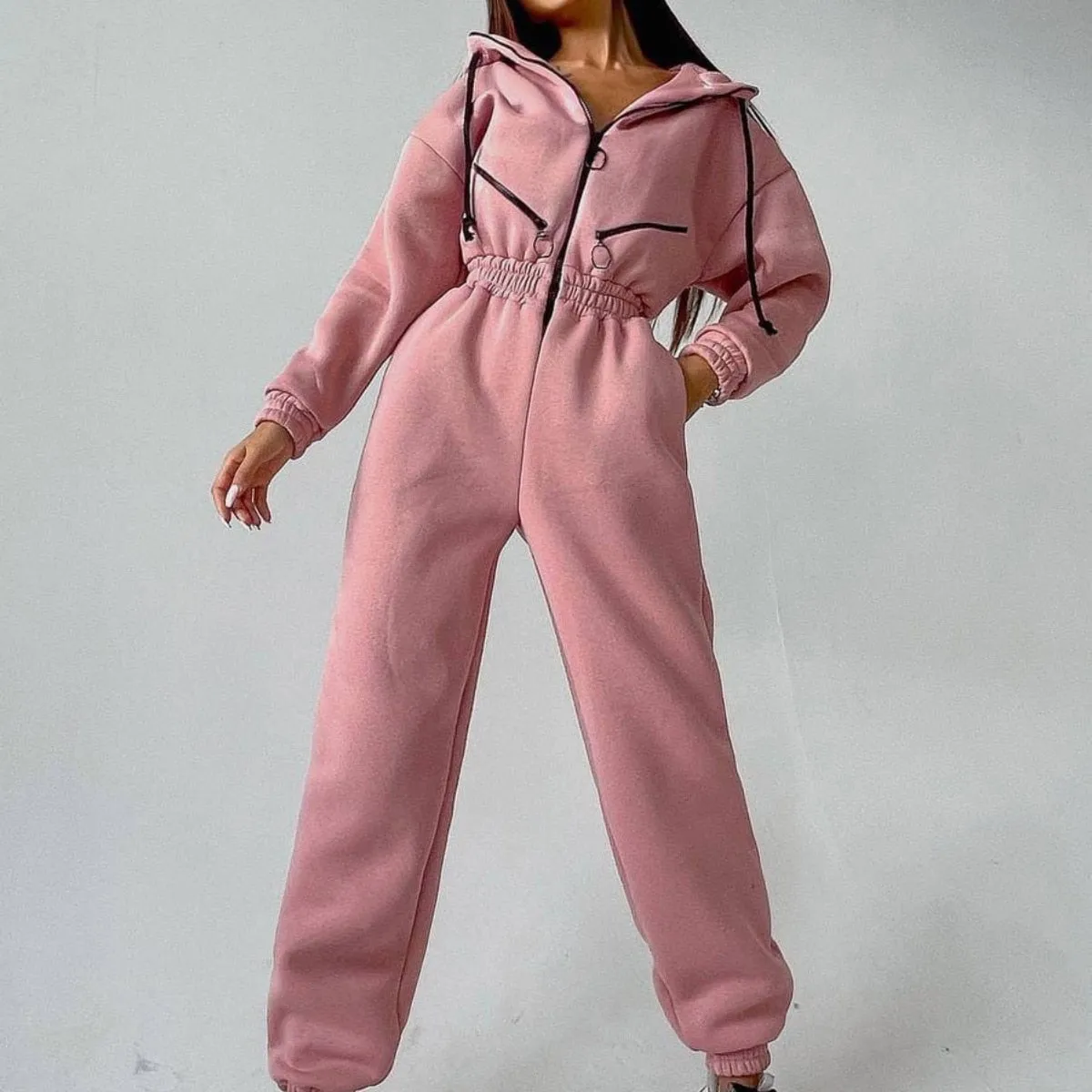 Fashionkova Women One Piece  Elegant Jumpsuit Hoodies Zipper Outfit Fleece Lined Winter Long Sleeve Overalls Casual Rompers Tracksuits Black