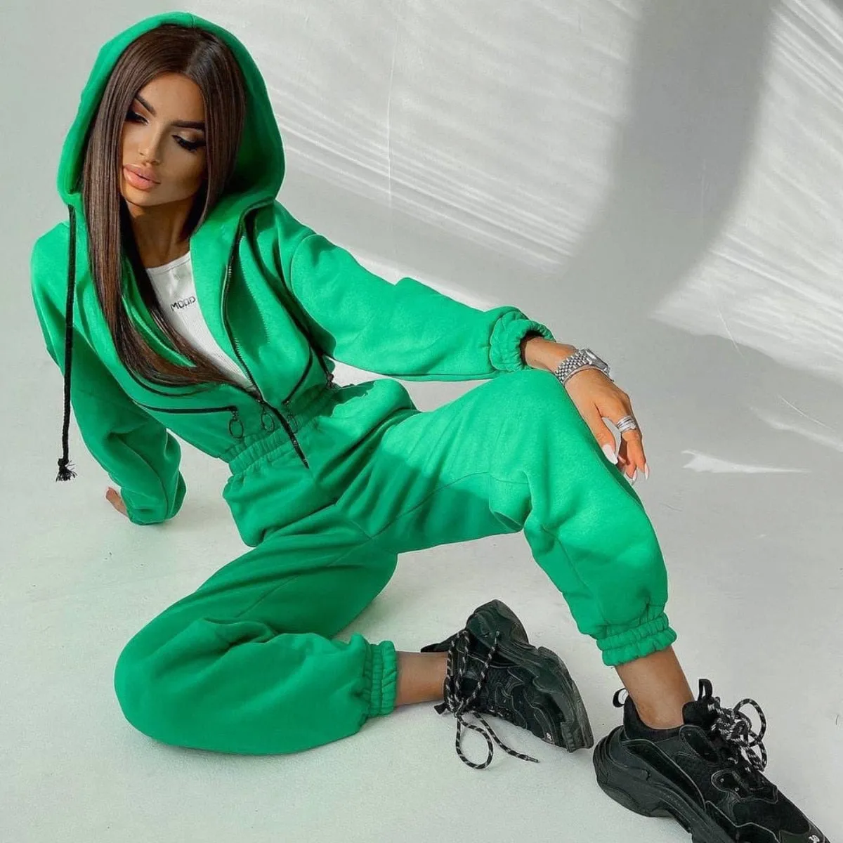 Fashionkova Women One Piece  Elegant Jumpsuit Hoodies Zipper Outfit Fleece Lined Winter Long Sleeve Overalls Casual Rompers Tracksuits Black