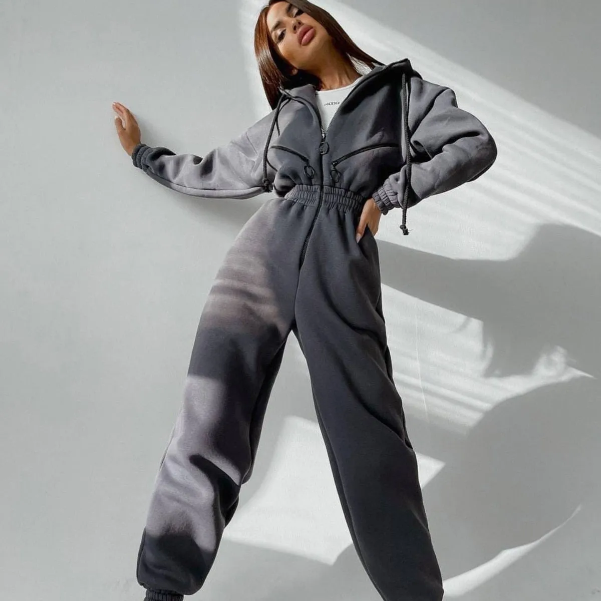Fashionkova Women One Piece  Elegant Jumpsuit Hoodies Zipper Outfit Fleece Lined Winter Long Sleeve Overalls Casual Rompers Tracksuits Black