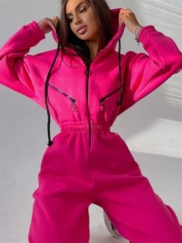 Fashionkova Women One Piece  Elegant Jumpsuit Hoodies Zipper Outfit Fleece Lined Winter Long Sleeve Overalls Casual Rompers Tracksuits Black