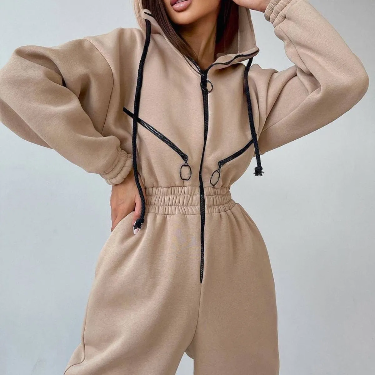 Fashionkova Women One Piece  Elegant Jumpsuit Hoodies Zipper Outfit Fleece Lined Winter Long Sleeve Overalls Casual Rompers Tracksuits Black