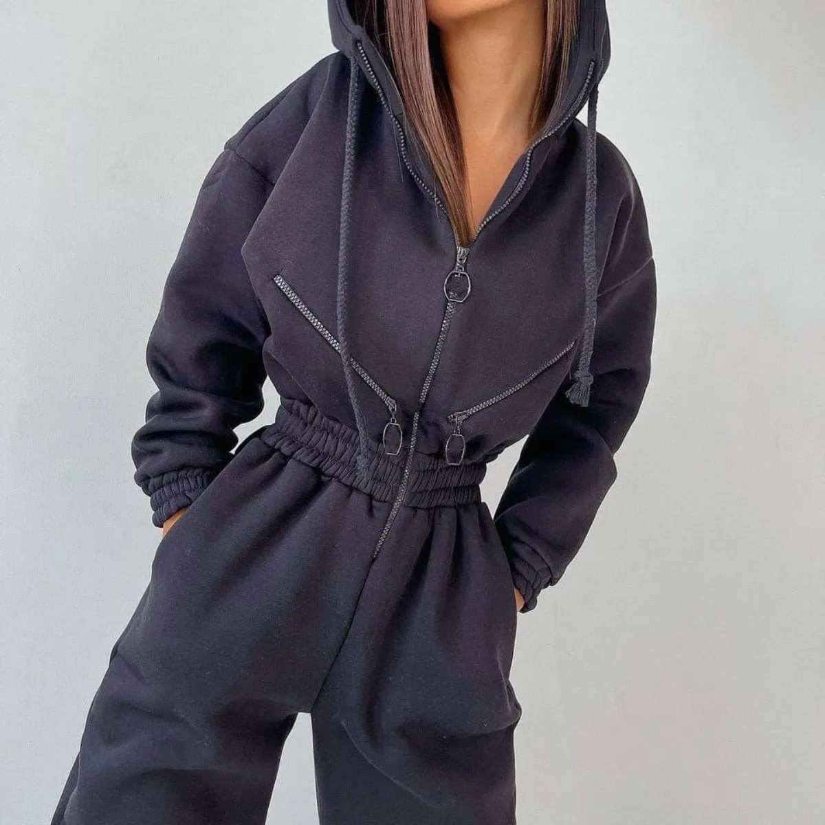 Fashionkova Women One Piece  Elegant Jumpsuit Hoodies Zipper Outfit Fleece Lined Winter Long Sleeve Overalls Casual Rompers Tracksuits Black