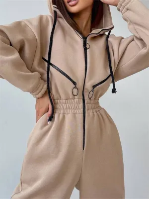 Fashionkova Women One Piece  Elegant Jumpsuit Hoodies Zipper Outfit Fleece Lined Winter Long Sleeve Overalls Casual Rompers Tracksuits Black