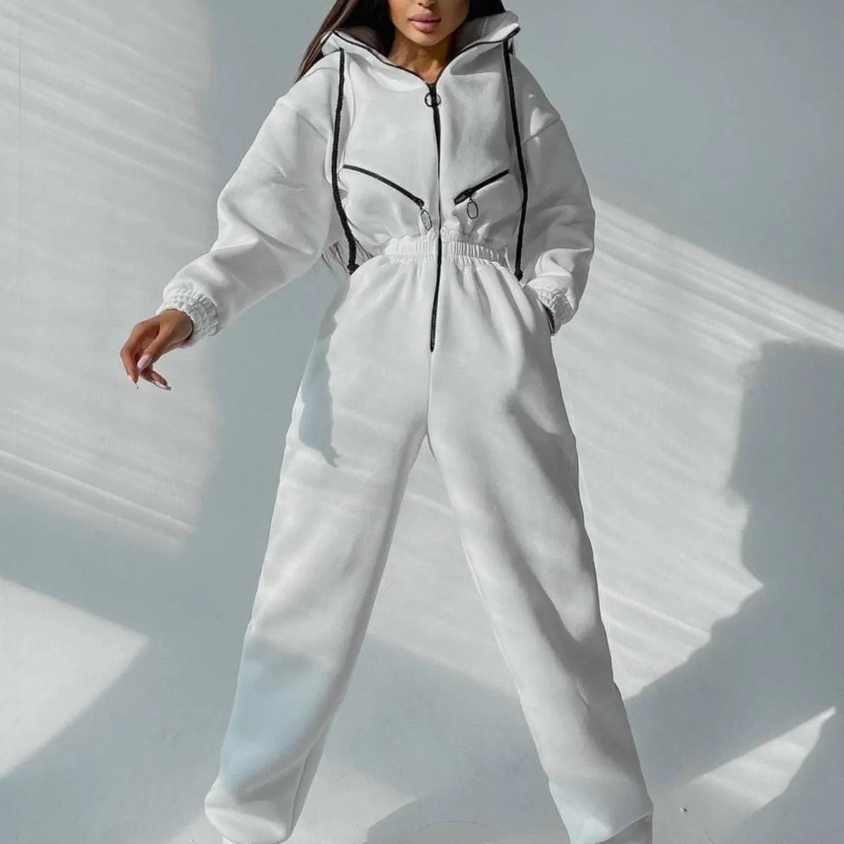 Fashionkova Women One Piece  Elegant Jumpsuit Hoodies Zipper Outfit Fleece Lined Winter Long Sleeve Overalls Casual Rompers Tracksuits Black