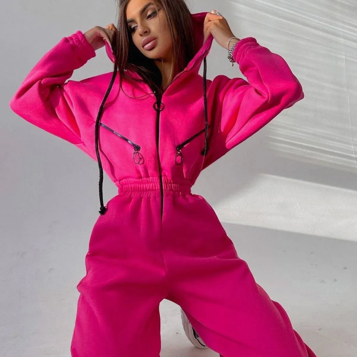 Fashionkova Women One Piece  Elegant Jumpsuit Hoodies Zipper Outfit Fleece Lined Winter Long Sleeve Overalls Casual Rompers Tracksuits Black