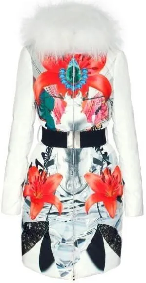 Fur-Hooded Floral Printed Belted Puffer Down Coat