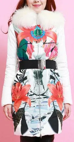 Fur-Hooded Floral Printed Belted Puffer Down Coat