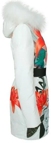 Fur-Hooded Floral Printed Belted Puffer Down Coat