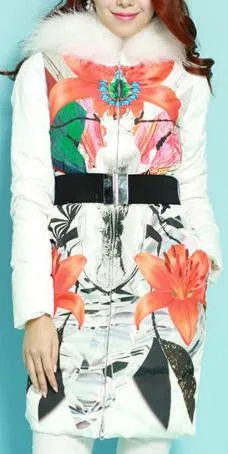 Fur-Hooded Floral Printed Belted Puffer Down Coat