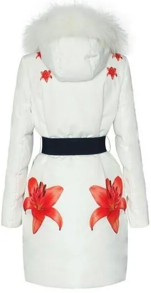 Fur-Hooded Floral Printed Belted Puffer Down Coat