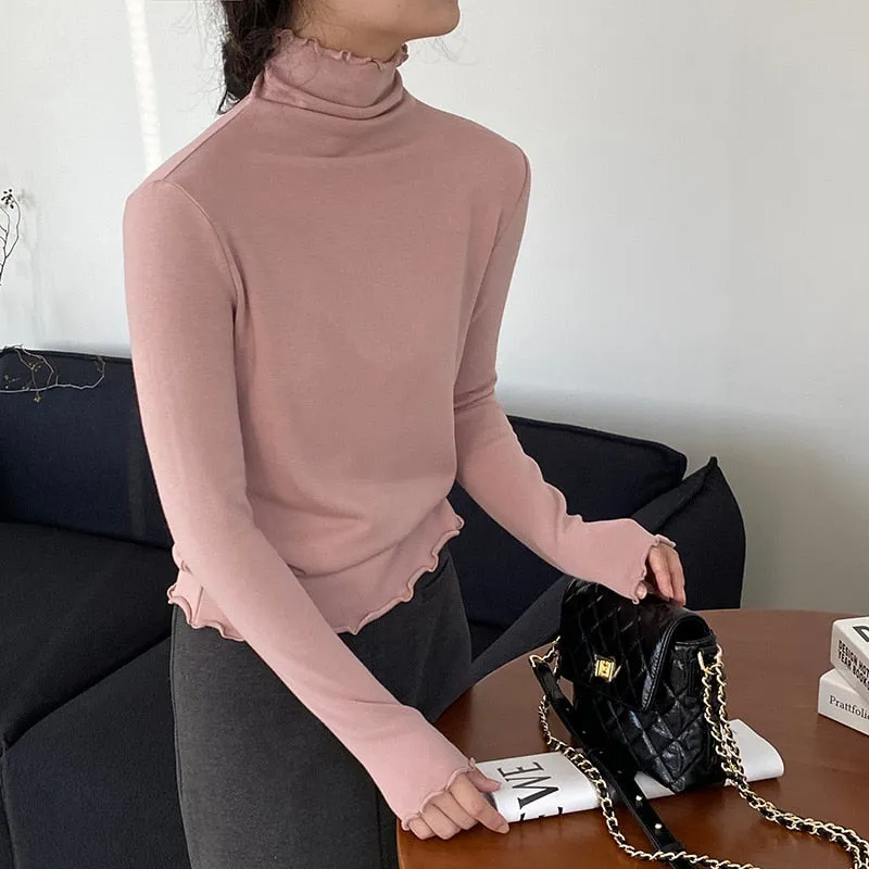 [Korean Style] Basic Slim Fit Solid Color Lettuce Edge Turtleneck Top