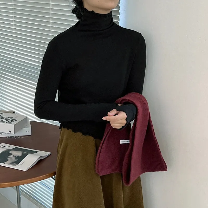 [Korean Style] Basic Slim Fit Solid Color Lettuce Edge Turtleneck Top