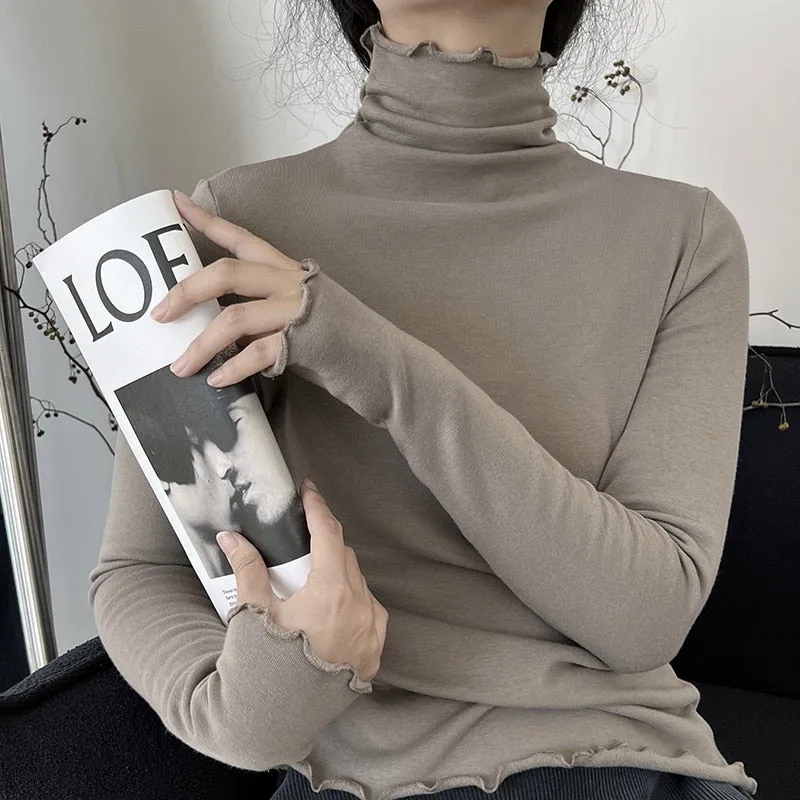 [Korean Style] Basic Slim Fit Solid Color Lettuce Edge Turtleneck Top