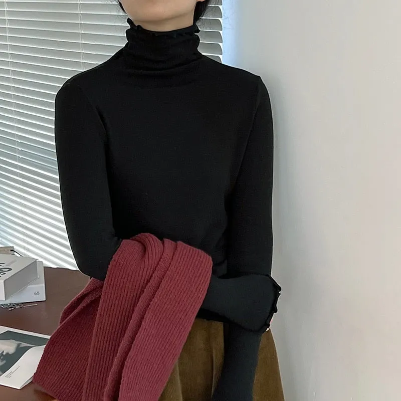 [Korean Style] Basic Slim Fit Solid Color Lettuce Edge Turtleneck Top