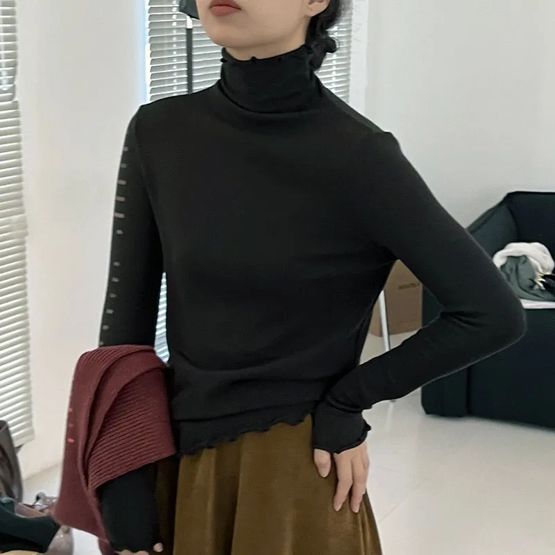 [Korean Style] Basic Slim Fit Solid Color Lettuce Edge Turtleneck Top