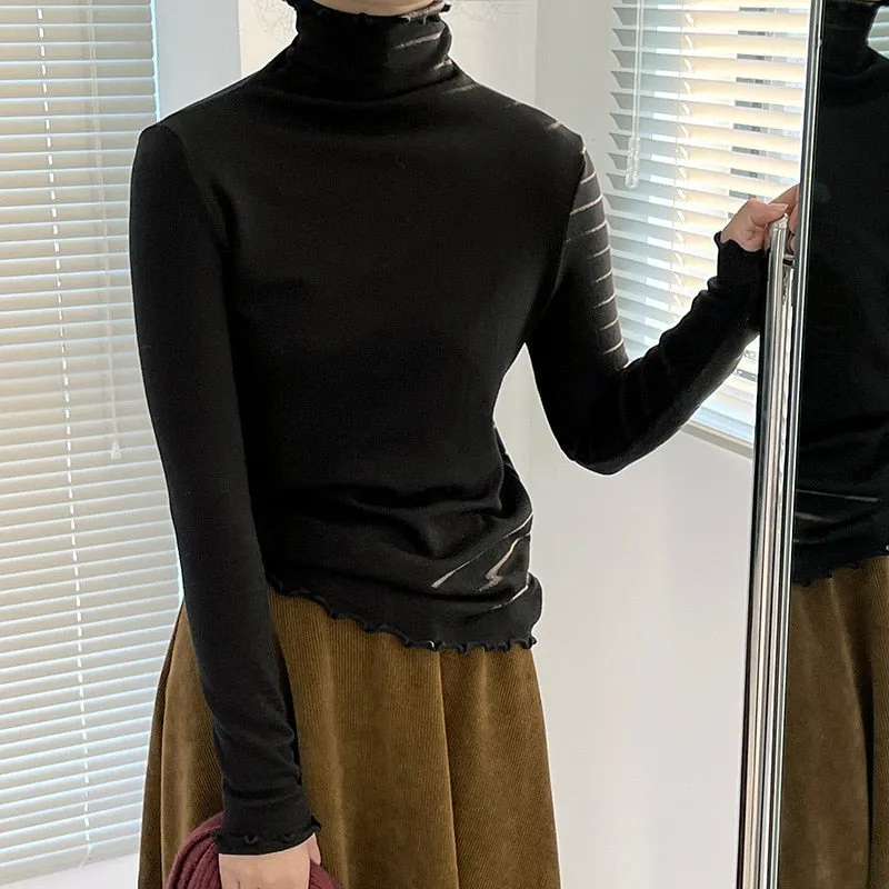 [Korean Style] Basic Slim Fit Solid Color Lettuce Edge Turtleneck Top