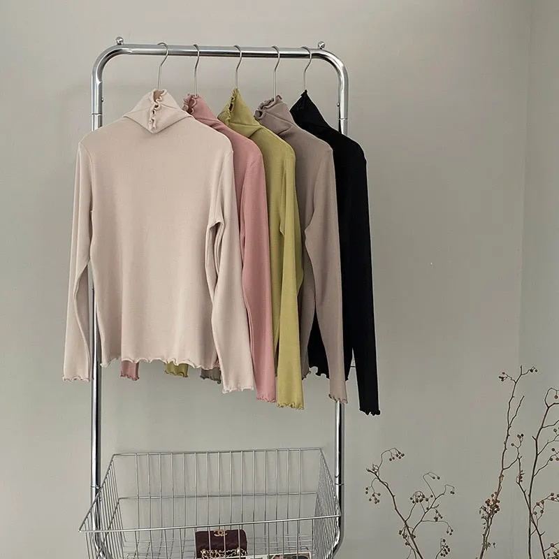 [Korean Style] Basic Slim Fit Solid Color Lettuce Edge Turtleneck Top