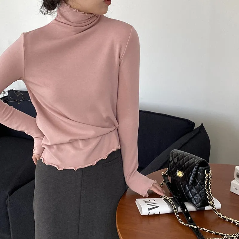 [Korean Style] Basic Slim Fit Solid Color Lettuce Edge Turtleneck Top