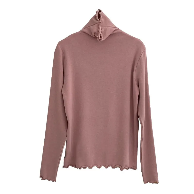 [Korean Style] Basic Slim Fit Solid Color Lettuce Edge Turtleneck Top