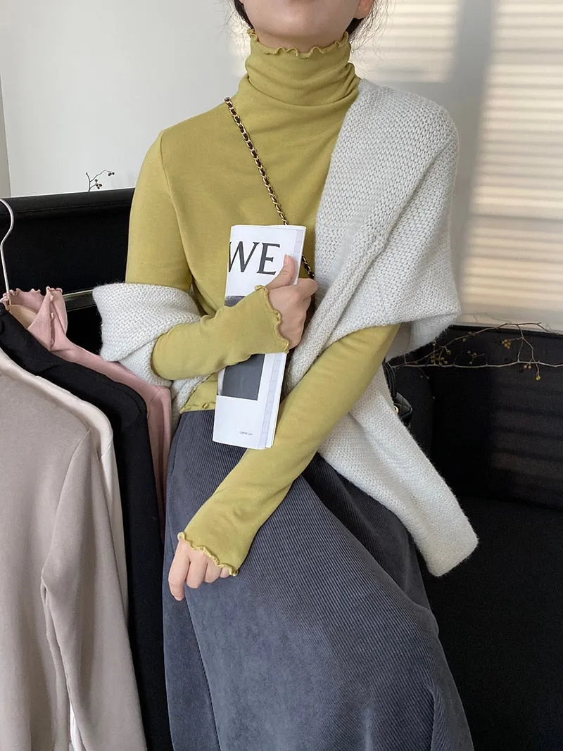 [Korean Style] Basic Slim Fit Solid Color Lettuce Edge Turtleneck Top