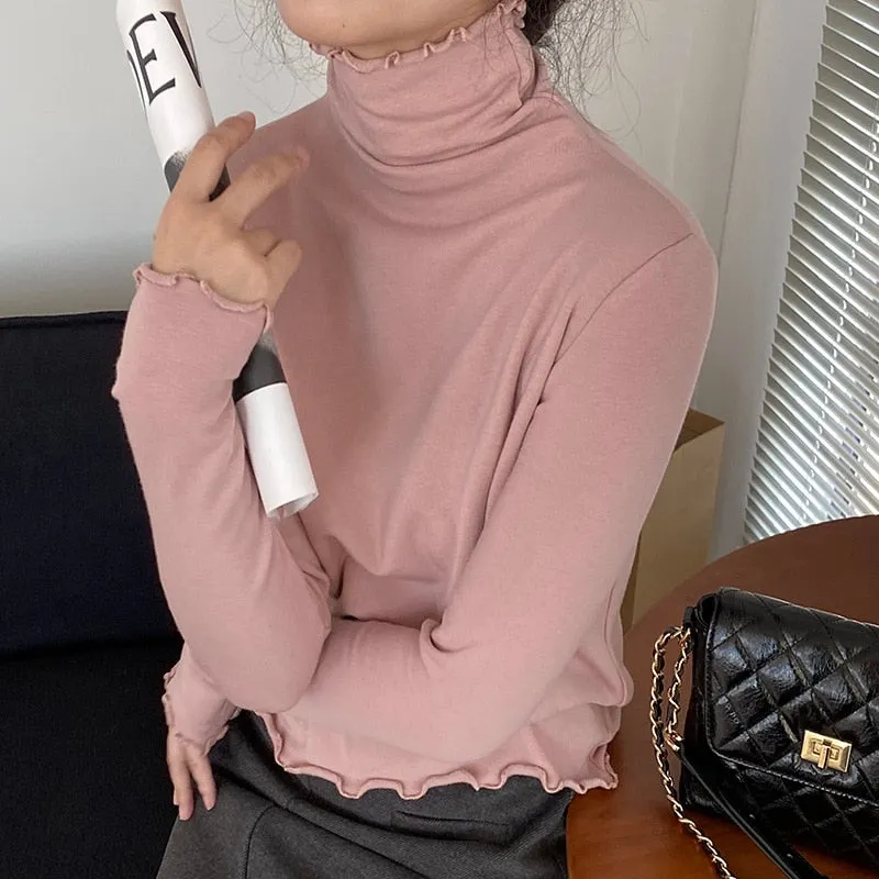 [Korean Style] Basic Slim Fit Solid Color Lettuce Edge Turtleneck Top