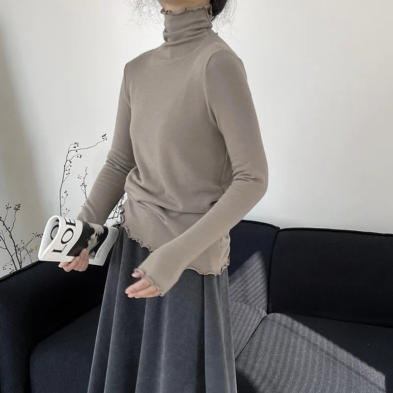 [Korean Style] Basic Slim Fit Solid Color Lettuce Edge Turtleneck Top