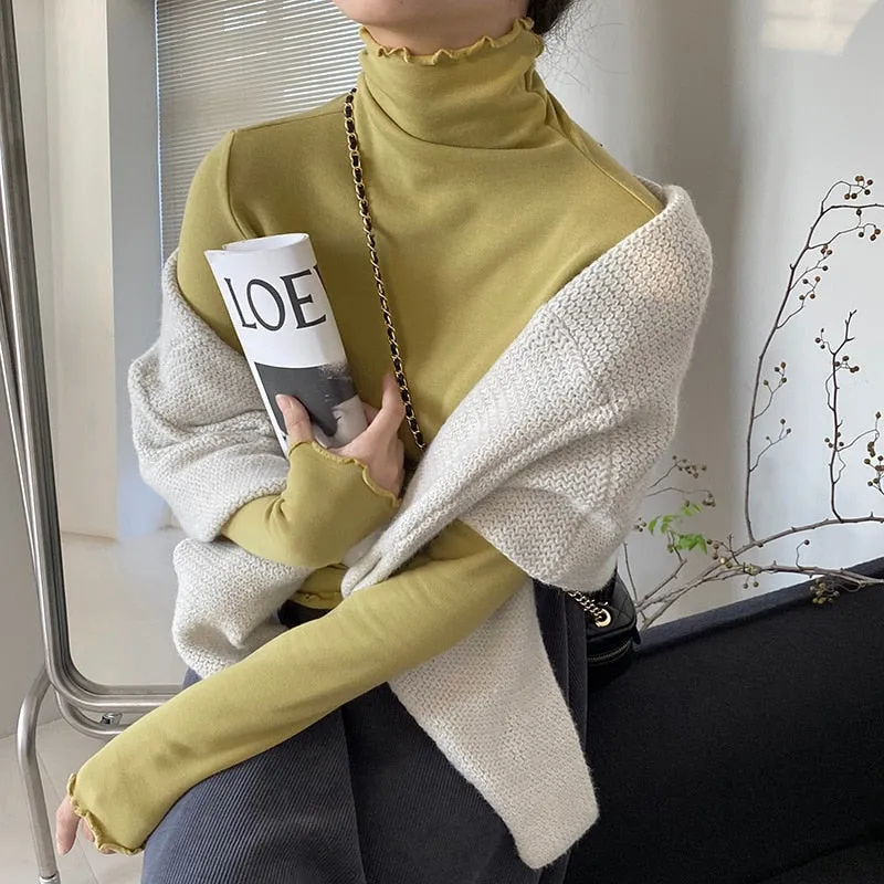 [Korean Style] Basic Slim Fit Solid Color Lettuce Edge Turtleneck Top