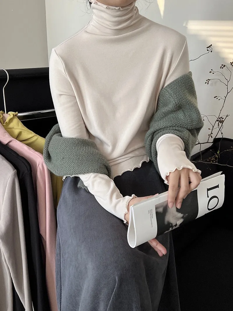 [Korean Style] Basic Slim Fit Solid Color Lettuce Edge Turtleneck Top