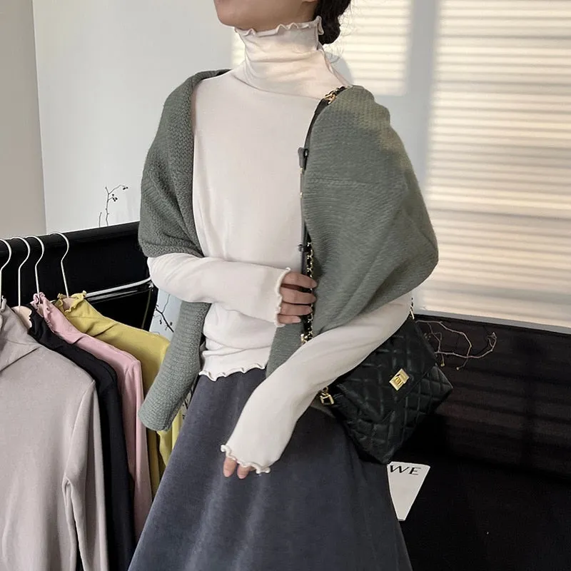 [Korean Style] Basic Slim Fit Solid Color Lettuce Edge Turtleneck Top