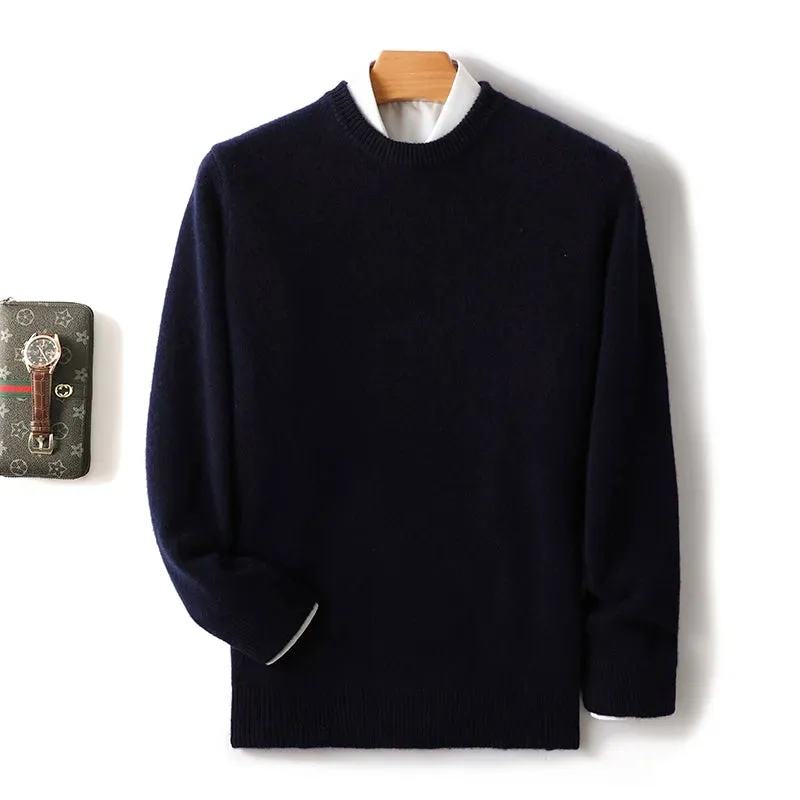 Men's 100% Pure Wool Cashmere Sweater O-Neck Pullover Knit Sweater Autumn and Winter New Long Sleeve High-End Jumpers Thick Tops